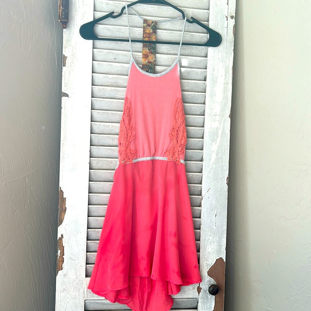 Gimmicks by BKE pink chiffon top with stripe strap detailing and lace